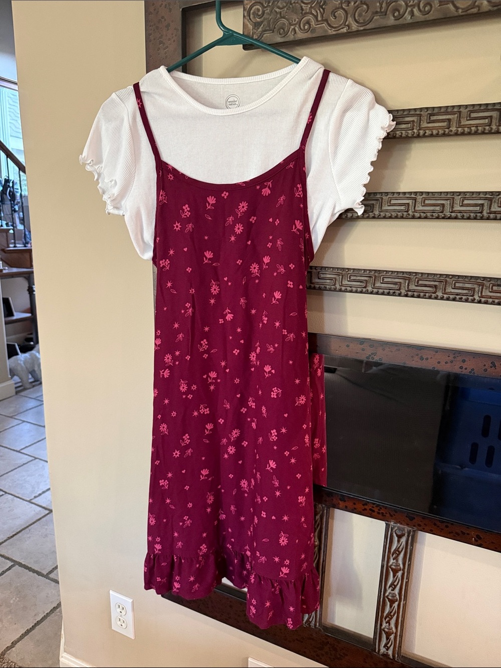Wonder Nation Girls 2 piece Burgundy Floral Dress with Ruffle Hem